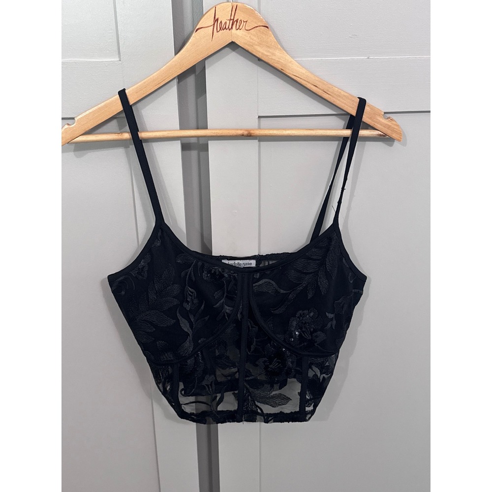 Charlotte Russe Black Floral Embroidered Mesh Corset Crop Top Sequin Bustier S